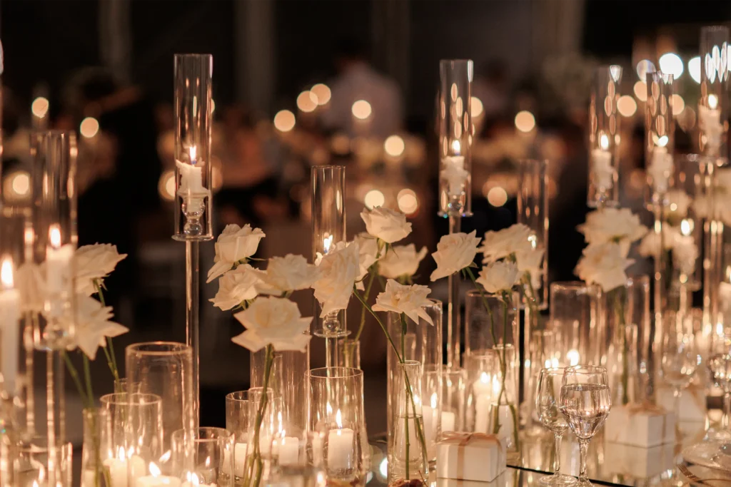 Wedding Planning with white roses designed by Gold and Silver